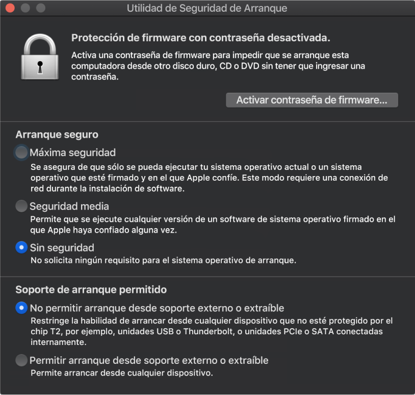 La ventana de la Utilidad de Seguridad de Arranque está abierta con una opción marcada para el arranque seguro y una opción marcada para el arranque externo.