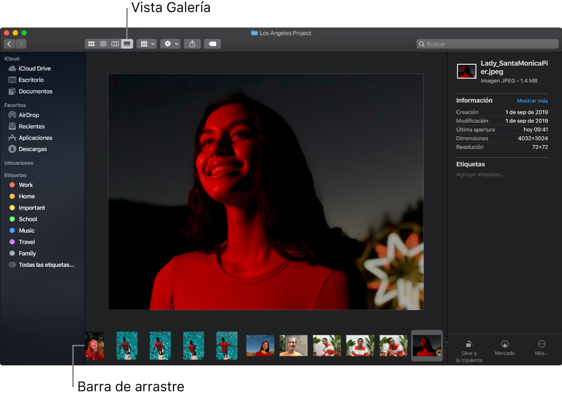 Una ventana abierta de Finder en Visualización como Galería mostrando una foto grande con una fila de fotos pequeñas (la barra de arrastre) debajo de esta. Los controles para girar, marcar y más están en la parte derecha de la barra de arrastre.