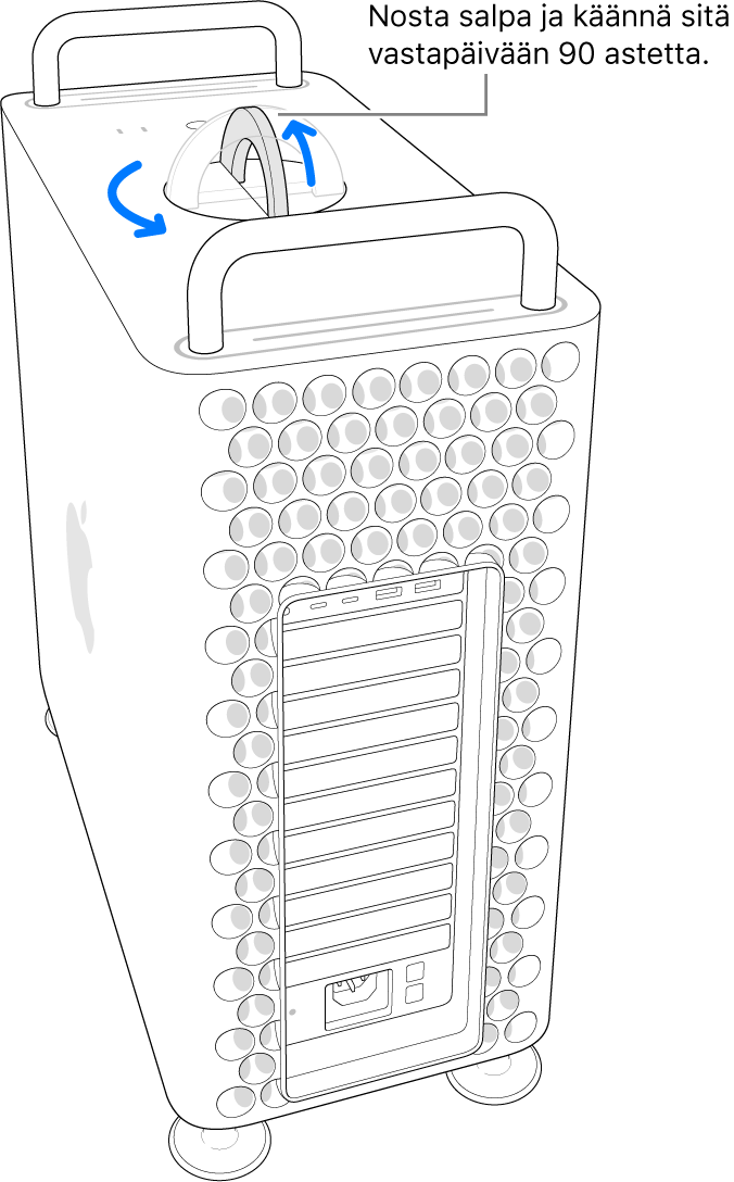 Tietokoneen kotelon poistamisen ensimmäinen vaihe, jossa nostetaan salpa ja käännetään sitä 90 astetta.