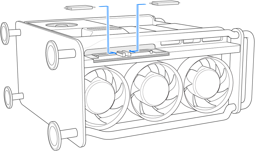 Mac Pro kyljellään ja kahta SSD-moduulia asennetaan.