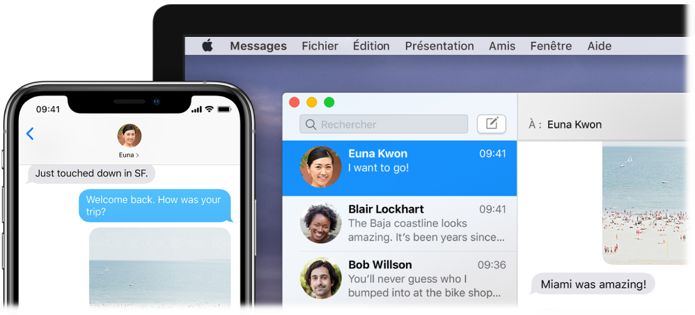 App Messages ouverte sur un Mac, affichant la même conversation dans Messages sur un iPhone.