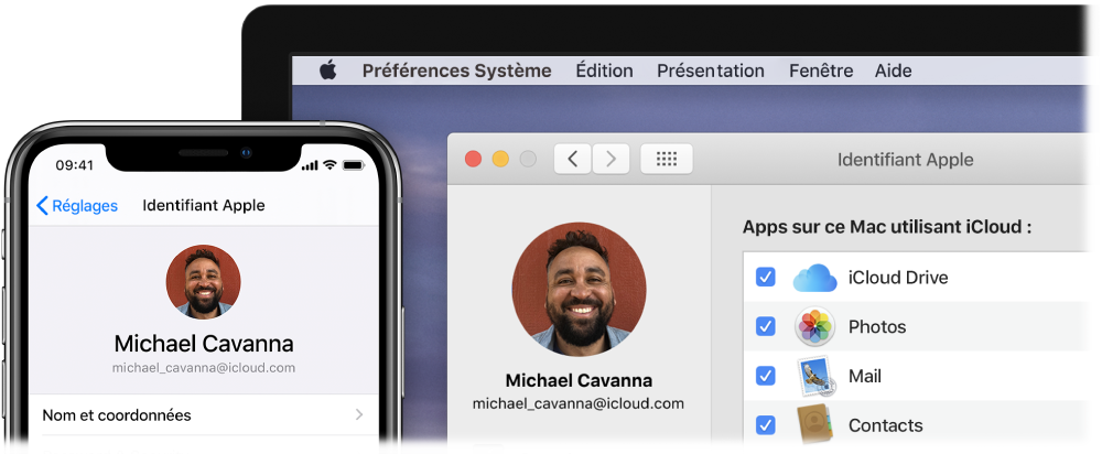 Un iPhone affichant les réglages iCloud, et l’écran d’un Mac affichant la fenêtre iCloud.