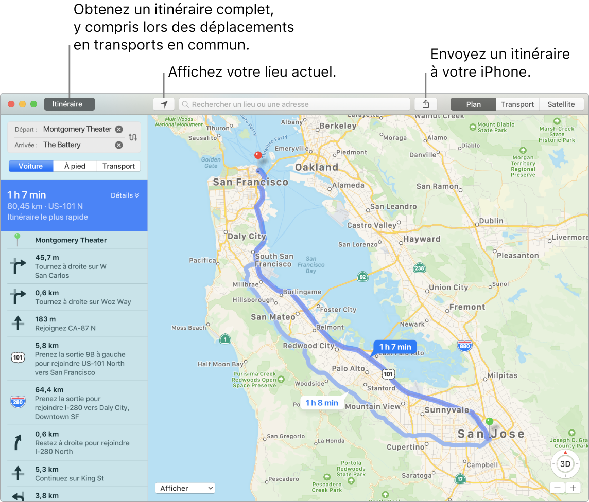 Une fenêtre de Plans indiquant comment obtenir un itinéraire en cliquant sur Itinéraire en haut à gauche et envoyer l’itinéraire à un iPhone à l’aide du bouton Partager.