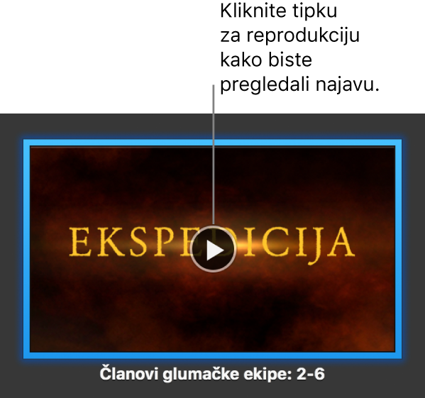 Zaslon aplikacije iMovie s najavom prikazuje tipku Reproduciraj.