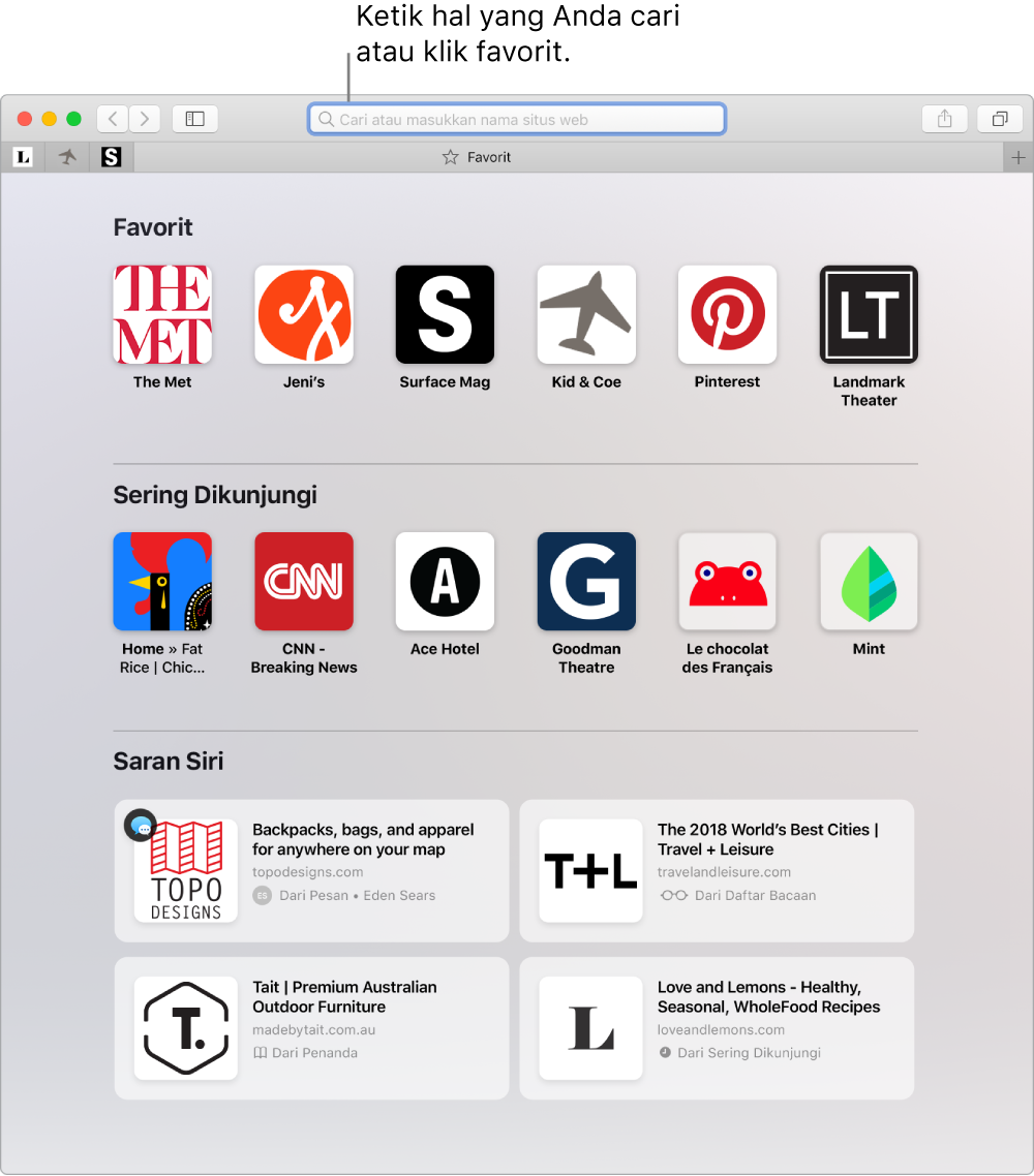 Jendela Safari dengan tampilan Favorit ditampilkan dan bidang Pencarian Cerdas disorot.