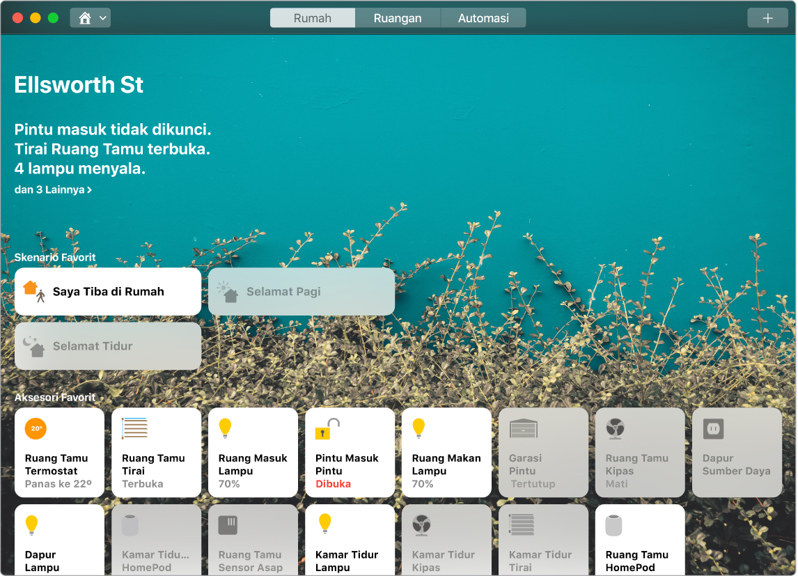 App Rumah menampilkan skenario dan aksesori favorit.