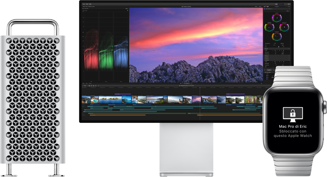 Mac Pro e il relativo monitor, accanto a un Apple Watch che mostra un messaggio che comunica che il Mac è stato sbloccato dall'orologio.