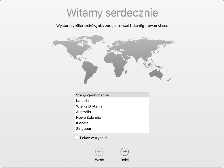 Mac wyświetlający Asystenta ustawień z ekranem powitalnym.