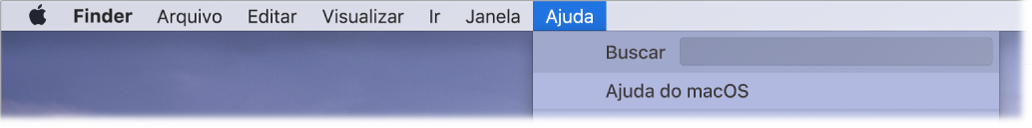 Uma mesa parcial com o menu Ajuda aberto, mostrando as opções de menu Buscar e Ajuda macOS.
