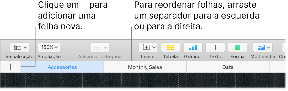 Uma janela do Numbers a mostrar como adicionar uma nova folha e como reordenar folhas.