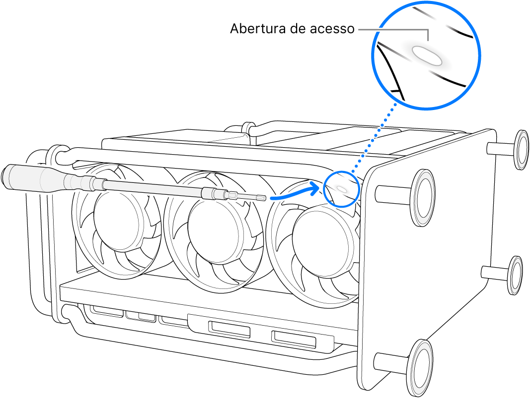 O Mac Pro de lado com uma chave flexível a apontar para a abertura de acesso.