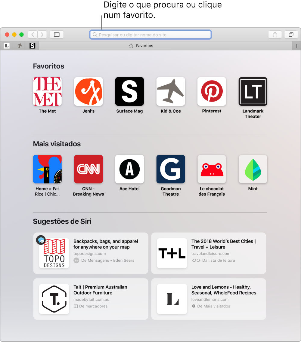 Uma janela do Safari com a vista de Favoritos apresentada e o campo de pesquisa inteligente realçado.