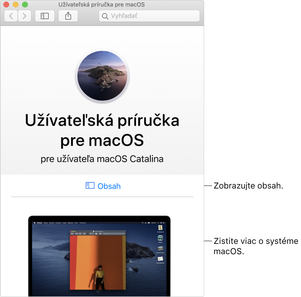 Úvodná obrazovka Príručky užívateľa pre macOS zobrazujúca odkaz na obsah.