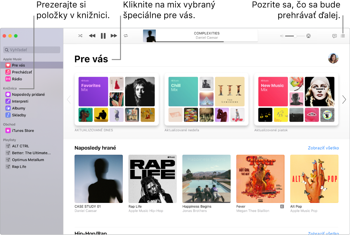 Okno aplikácie Hudba s informáciami o tom, ako zobraziť knižnicu, počúvať hudbu z Apple Music a pozrieť sa, čo sa bude prehrávať ďalej.