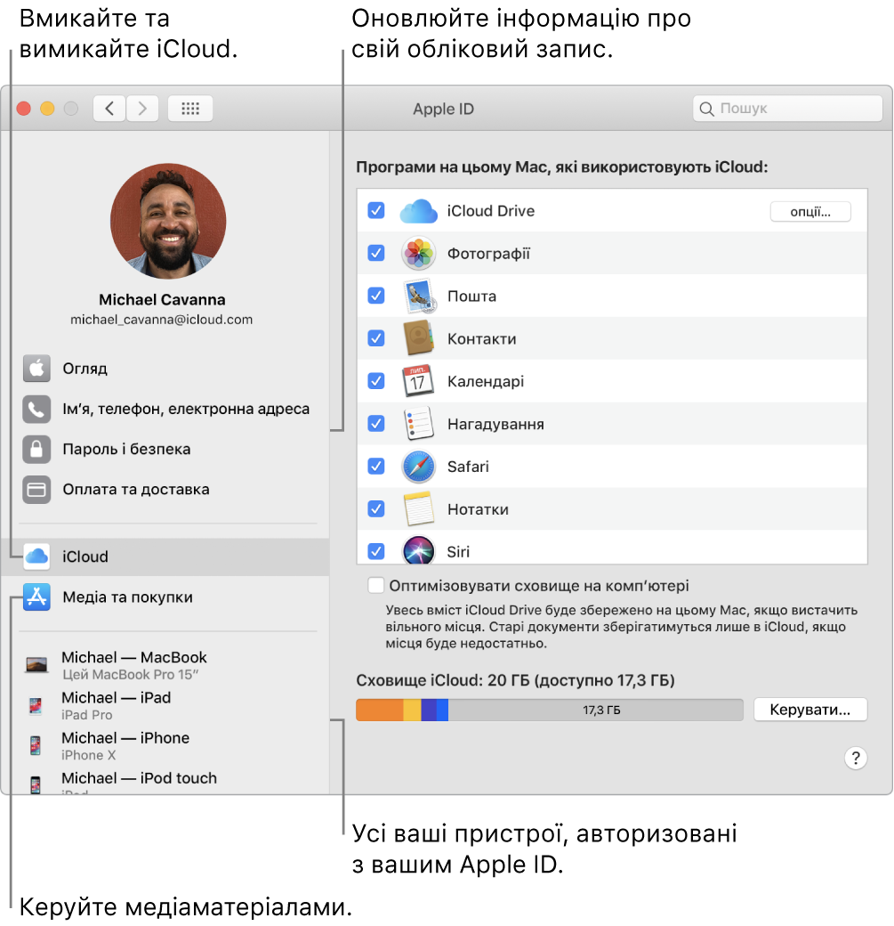 Панель Apple ID в Системних параметрах. Клацніть елемент на бічній панелі, щоб оновити інформацію про свій обліковий запис, увімкнути або вимкнути iCloud, керувати медіа-записами, а також відкрити перелік пристроїв, на яких здійснено вхід із вашим Apple ID.