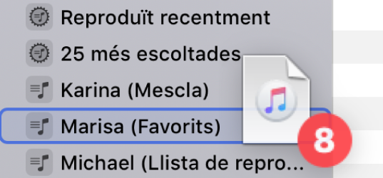 Un àlbum arrossegat a una llista de reproducció. La llista de reproducció quedarà ressaltada amb un rectangle blau.