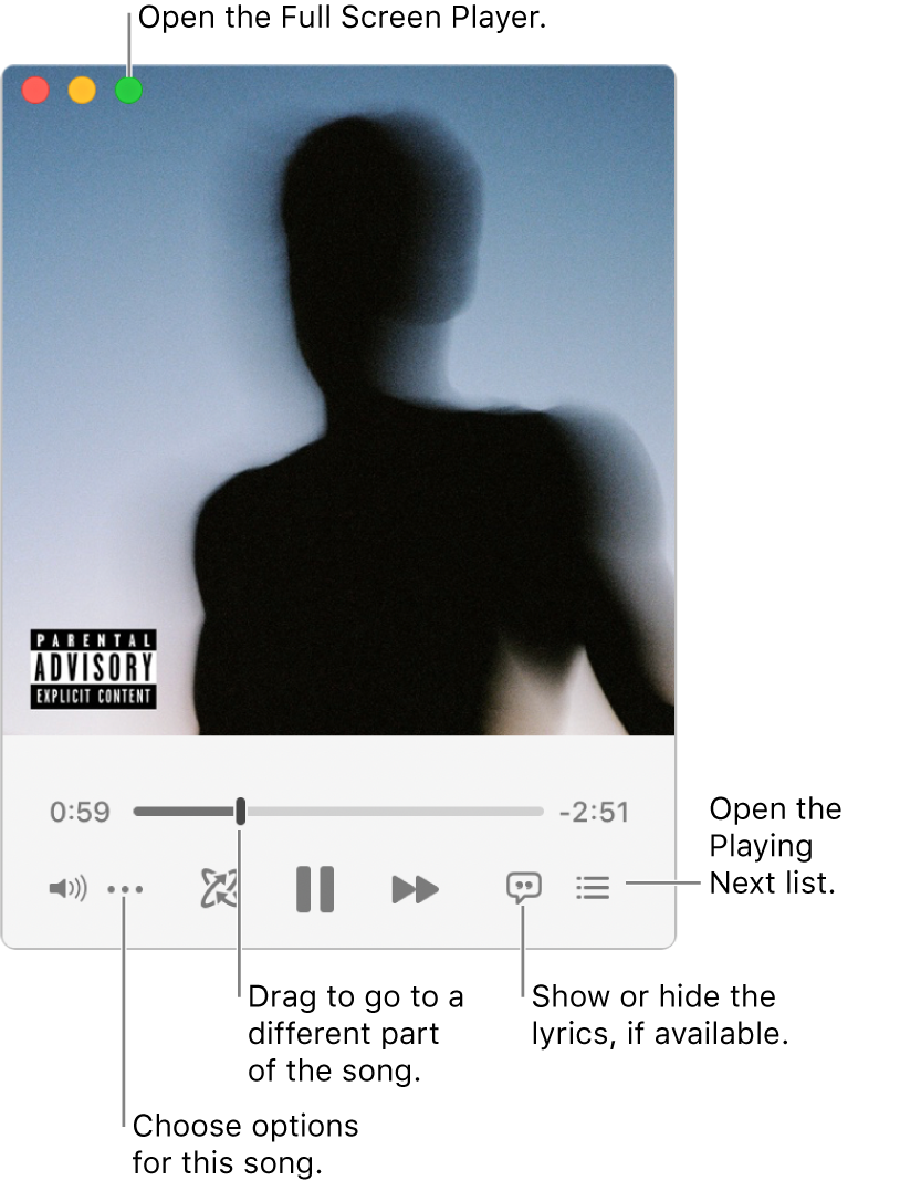 Expanded MiniPlayer showing the controls for the song that’s playing. In the top-left corner is the close button, used to switch to the full Music window. In the bottom of the window is a slider that you can drag to go to a different part of the song. Under the slider on the left side is the More button, where you can choose view options and other options for the song that’s playing. On the far right under the slider are two buttons — the magnifying glass to search the music library, and the Playing Next button to see what’s playing next.