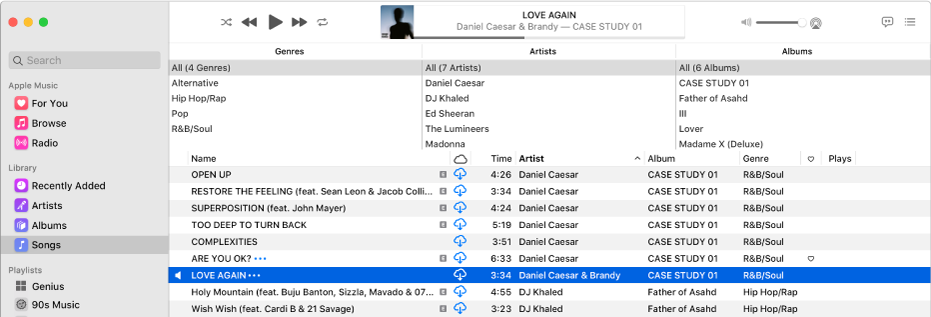 The main Music window: The column browser is to the right of the sidebar and above the list of songs.