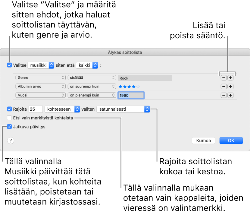 Älykäs soittolista -ikkuna: Valitse vasemmassa yläkulmassa Näytä ja valitse soittolistan kriteerit (kuten genre tai arvio). Jatka sääntöjen lisäämistä tai poistamista klikkaamalla oikean yläkulman lisäys- tai poistopainiketta. Valitse erilaisia asetuksia ikkunan alaosassa. Voit esimerkiksi rajoittaa soittolistan kokoa tai kestoa, ottaa listalle vain merkittyjä kappaleita tai asettaa Musiikki-apin päivittämään soittolistaa kirjaston kohteiden muuttuessa.
