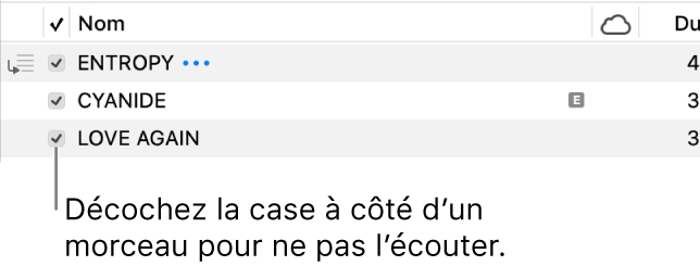 Détail de la présentation Morceaux de Musique, avec les cases à gauche. Décochez la case en regard d’un morceau pour empêcher la lecture de ce dernier.