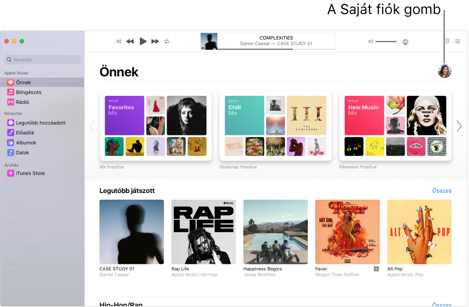 Az Apple Music ablakában az Önnek panel látható. A Saját fiók gomb (olyan, mint egy fotó vagy monogram) az ablak jobb felső sarkában található.