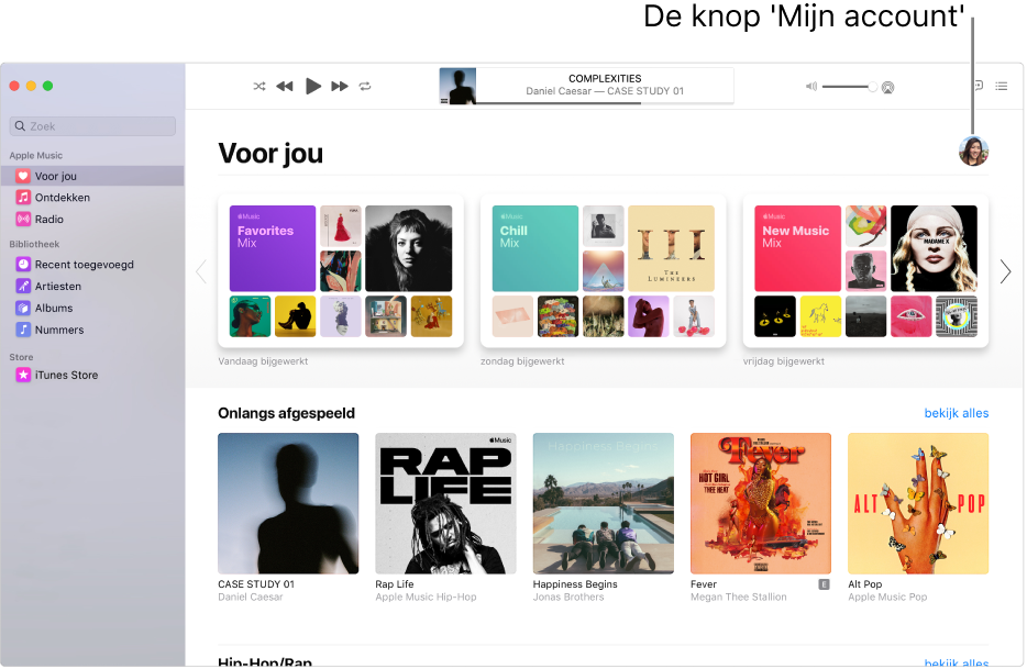 Het Muziek-venster met 'Voor jou' actief. De knop 'Mijn account' bevindt zich rechtsboven in het venster (deze lijkt op een foto of monogram).