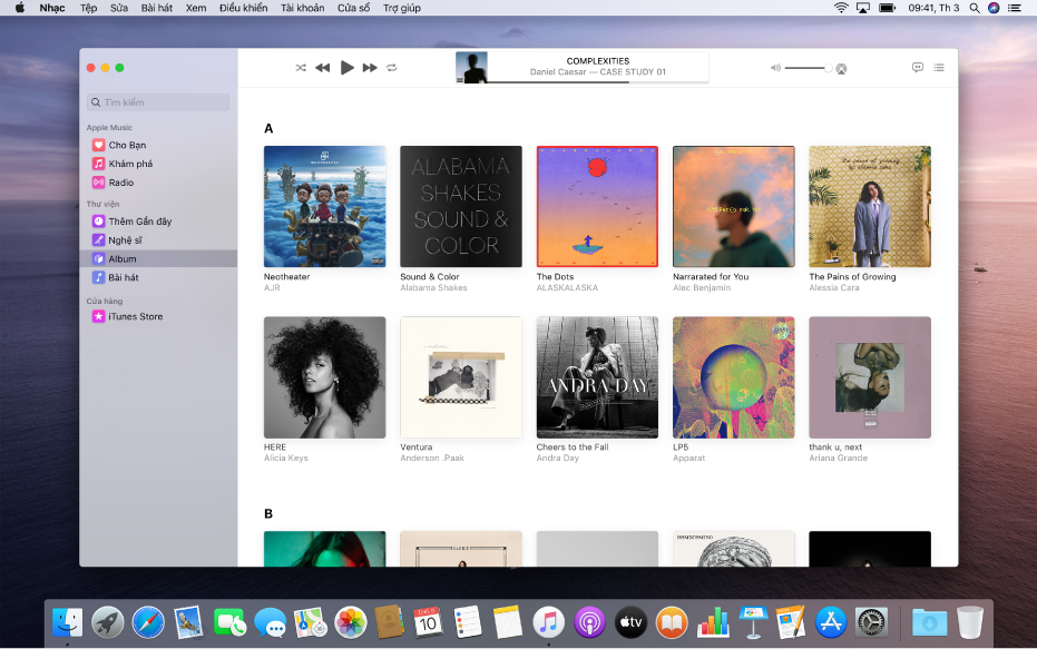 Cửa sổ Apple Music với một thư viện gồm nhiều album.