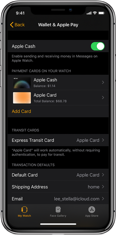 Rakenduse Wallet & Apple Pay kuva iPhone'i rakenduses Apple Watch. Ekraanil on Apple Watchi lisatud kaardid, funktsiooni Express Transit jaoks lisatud kaart ning tehingute vaikeseaded.