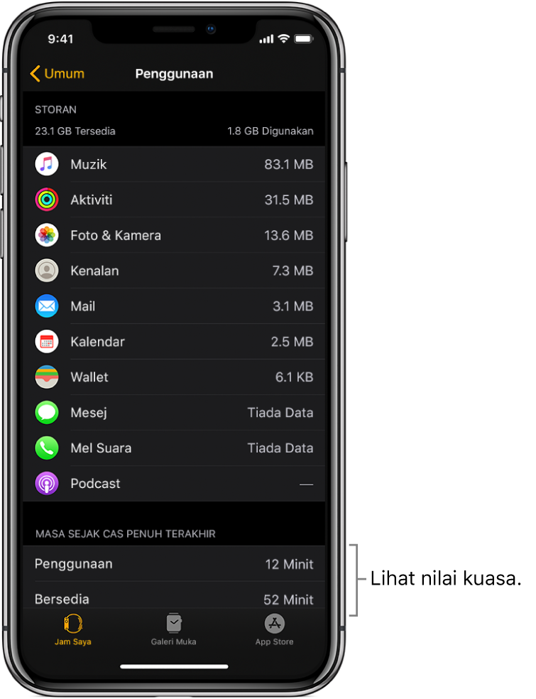 Pada skrin Penggunaan dalam app Apple Watch, lihat nilai kuasa untuk Penggunaan, Bersedia dan Rizab Kuasa di separuh bawah skrin.