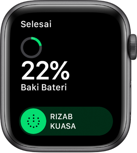 Skrin Rizab Kuasa menunjukkan butang Selesai di bahagian kiri atas, peratusan bateri yang tinggal dan gelangsar Rizab Kuasa.