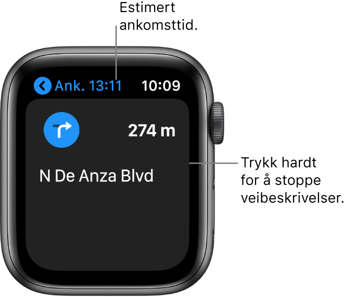 Kart-appen viser estimert ankomsttid øverst til venstre, navnet på gaten ved neste sving og avstanden frem til svingen. Skjermen har bildeforklaringen «Trykk hardt for å avslutte veibeskrivelsen».