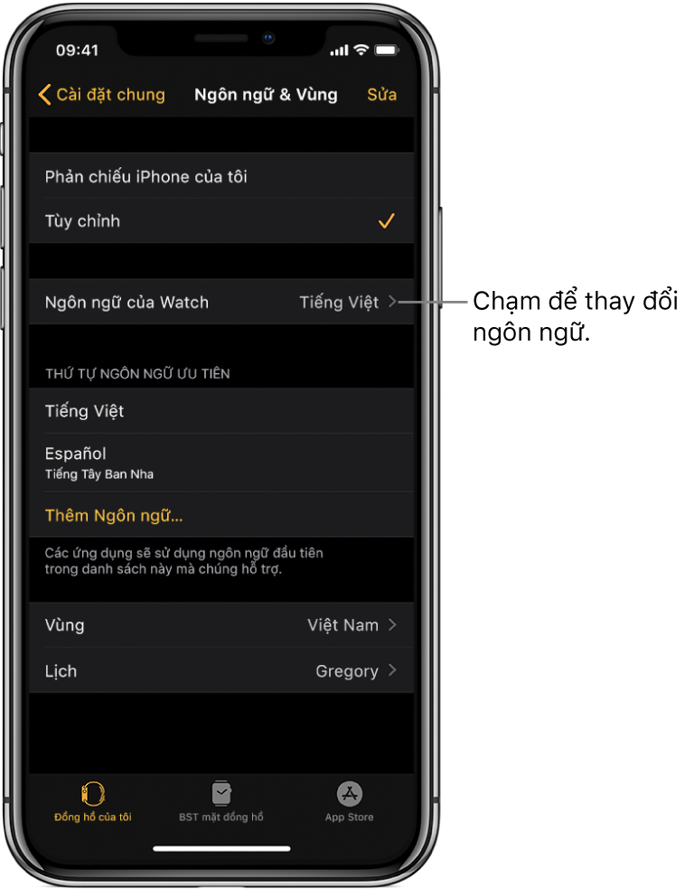 Màn hình Ngôn ngữ & Vùng trong ứng dụng Apple Watch, với cài đặt Ngôn ngữ của Watch ở gần trên cùng.
