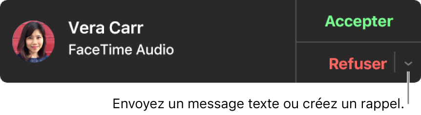 Cliquez sur la flèche à côté de Refuser dans la notification pour envoyer un message texte ou créer un rappel.