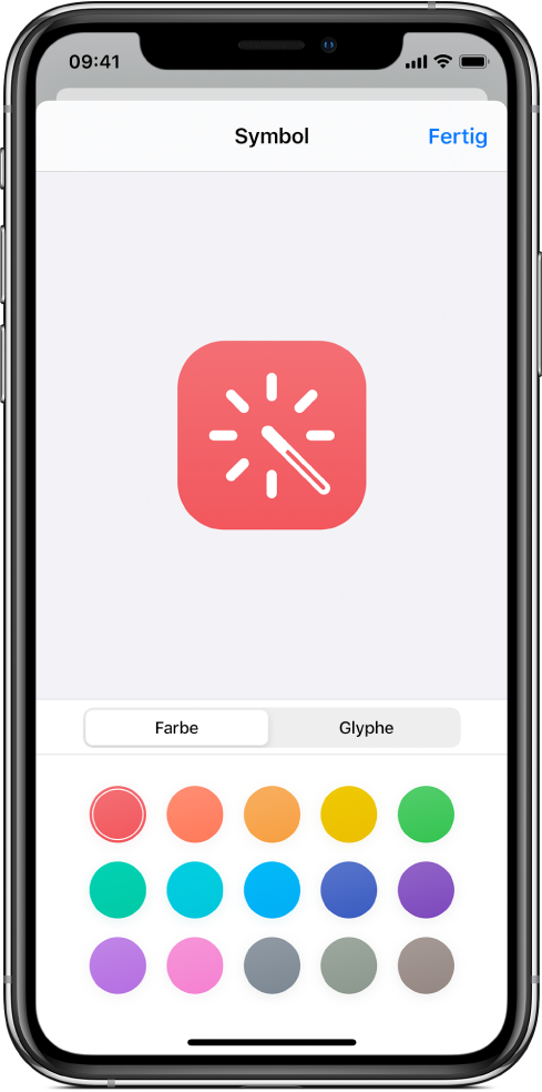 Bildschirm „Symbol“ mit den Farboptionen für den Kurzbefehl.