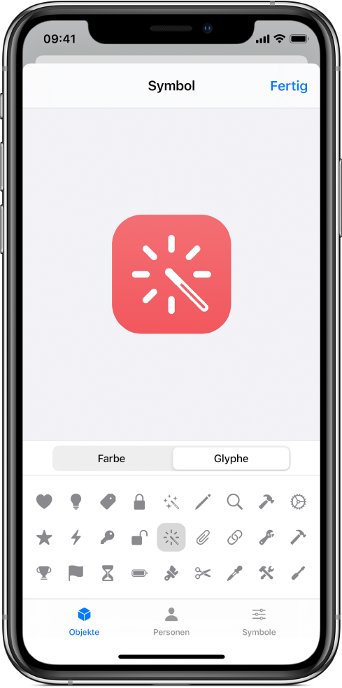 Bildschirm „Symbol“ mit den Glyphenoptionen für den Kurzbefehl.