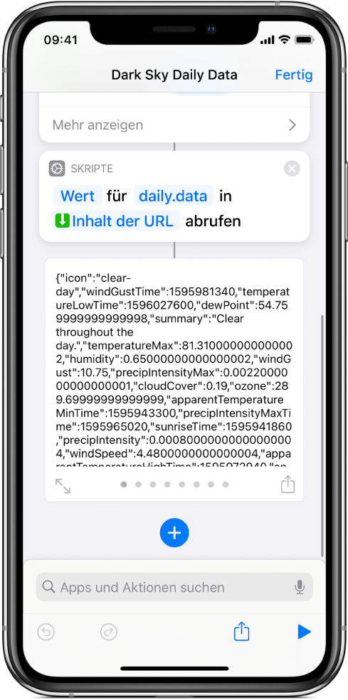 Kurzbefehleditor mit der Aktion „Wörterbuchwert abrufen“ und dem auf „data“ eingestellten Schlüssel.