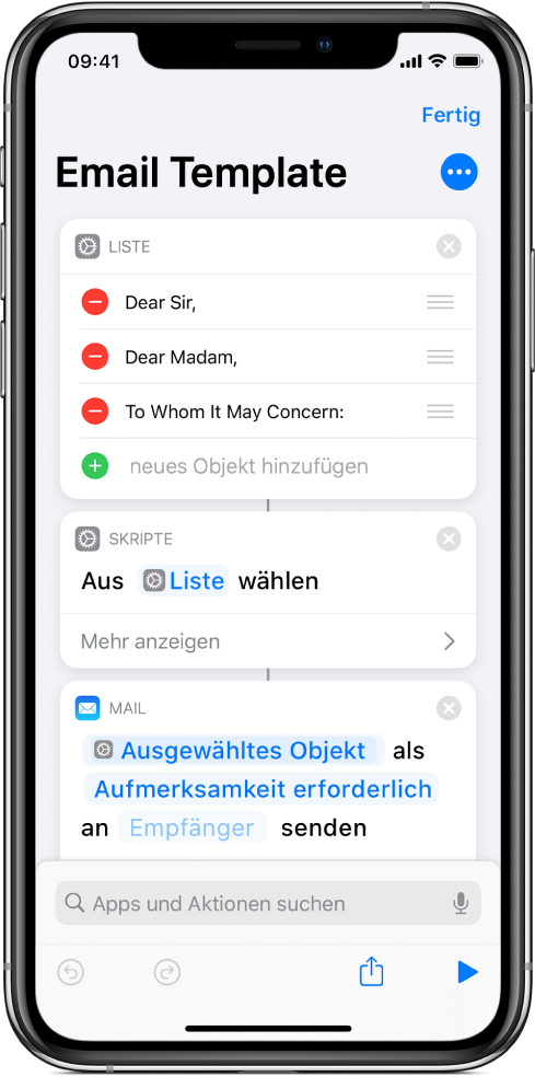 Aktion „Liste" für die Anrede.