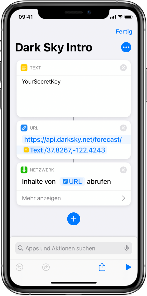 Eine Anforderung an die API von Dark Sky mit der Aktion „Text“, bestehend aus (in dieser Reihenfolge) dem geheimen Schlüssel für die API, der Aktion „URL“ mit dem Verweis auf den Endpunkt der API unter Verwendung der Variablen „Secret Key“ und der Aktion „Inhalte von URL abrufen“.