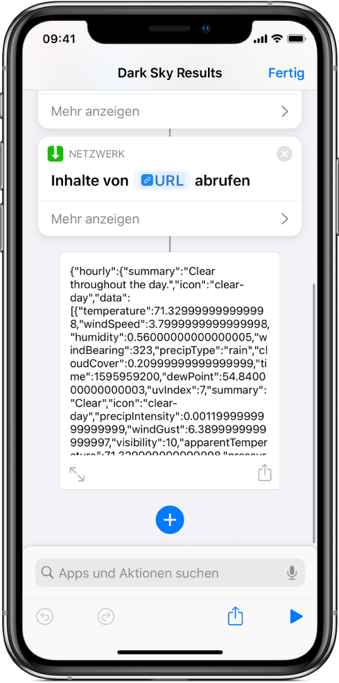 Die Wettervorhersage für Alcatraz als Ergebnis des Kurzbefehls mit der Anforderung an die API von Dark Sky.