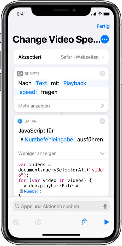 Kurzbefehleditor mit der Aktion „JavaScript auf Webseite ausführen“, die eine magische Variable enthält.