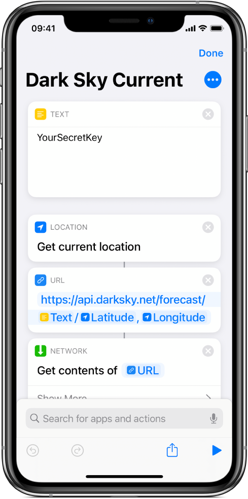 A Get Current Location action added between the Text action and the URL action in the Dark Sky API request shortcut.