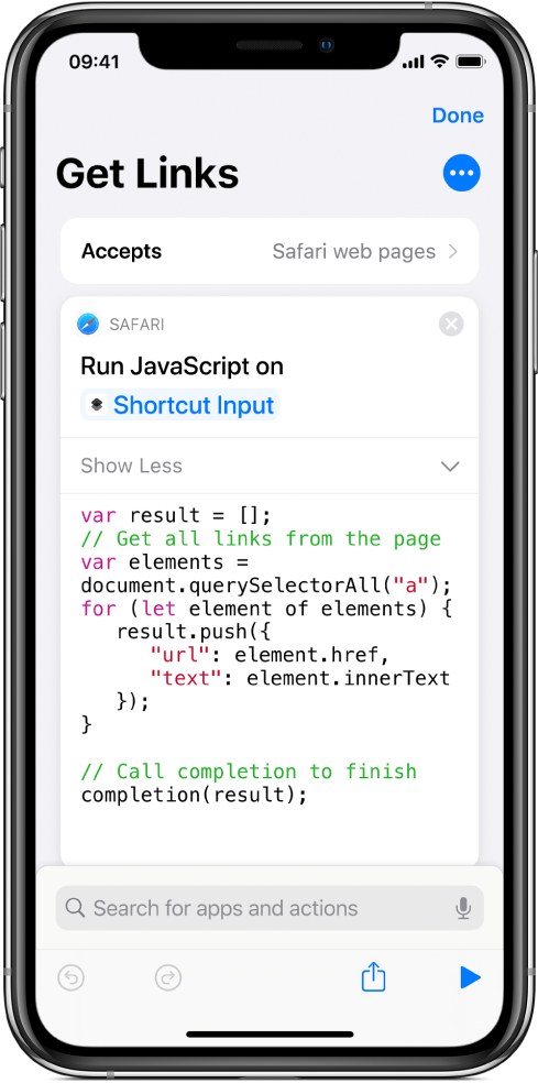 The Run JavaScript on Web Page action in the shortcut editor.