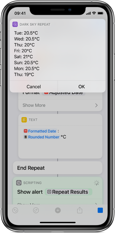 Resulting alert showing the average temperatures for the week, in shortcut editor.