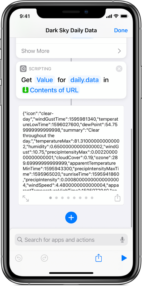 Get Dictionary Value action in the shortcut editor with the key set to data.