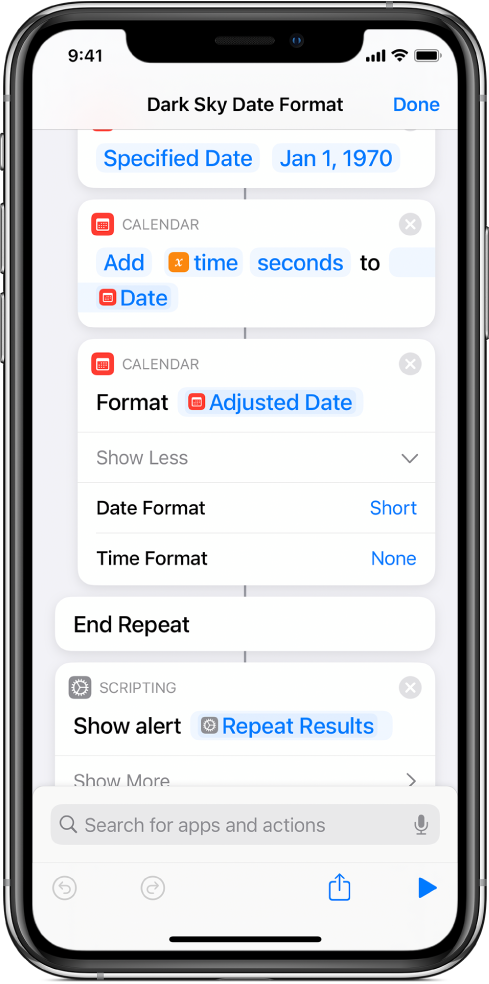 Shortcut with actions to translate UNIX time to a more human-friendly date format.