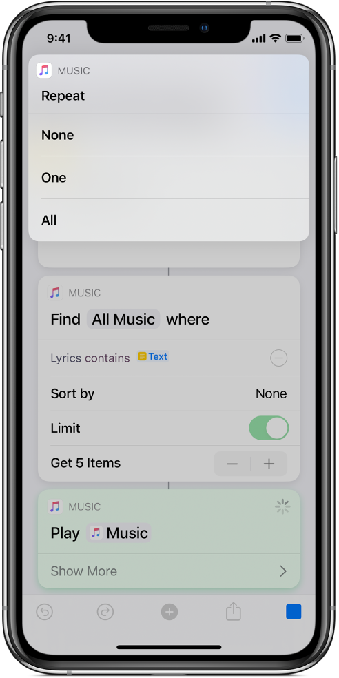 Running shortcut showing prompt to choose a Repeat parameter.