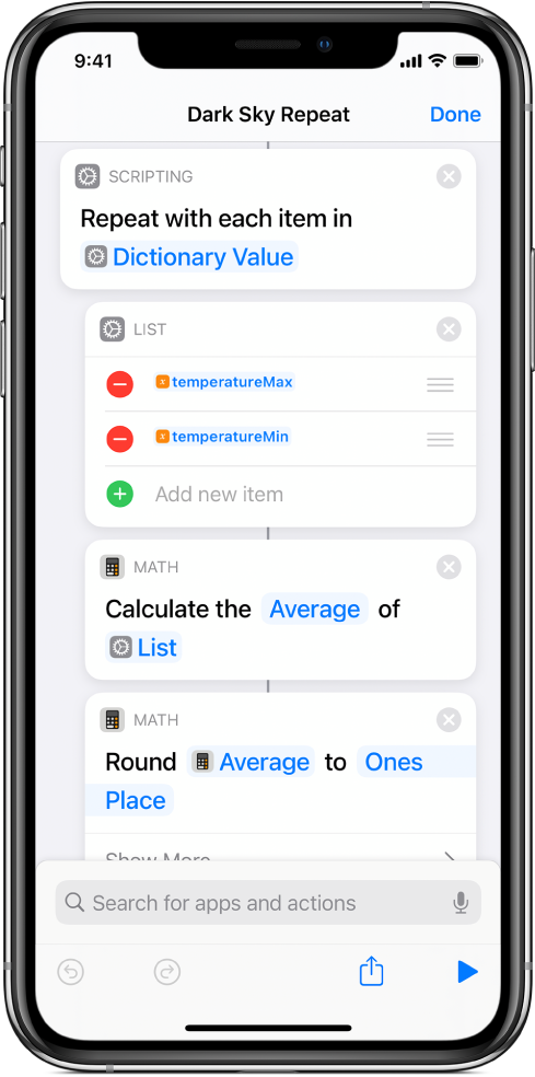 Calculate Statistics action and Round Number action in the shortcut editor.