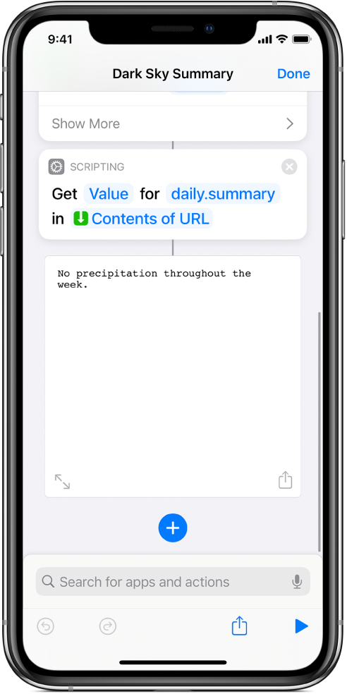 Get Dictionary Value action in the shortcut editor with the key set to summary.