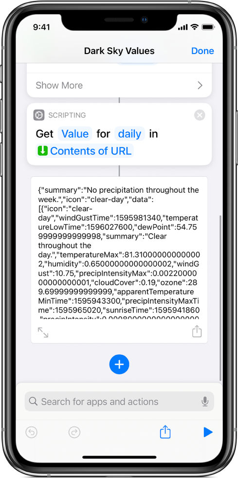 Get Dictionary Value action in the shortcut editor with the key set to daily.