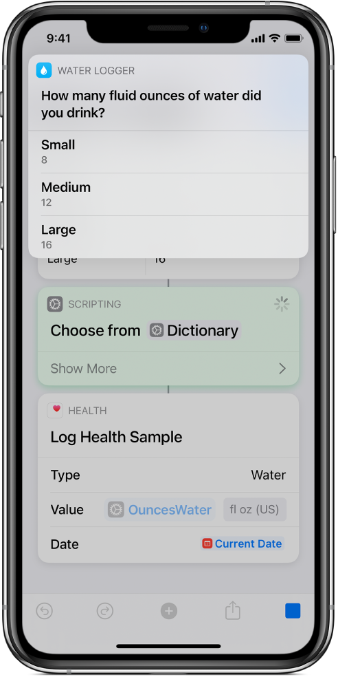 Choose from List action after a dictionary item in a running shortcut.